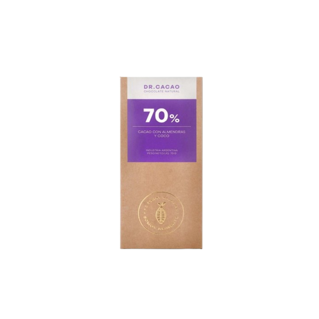 BARRA DE CHOCO C/ ALM Y COCO 70% CACAO X80G